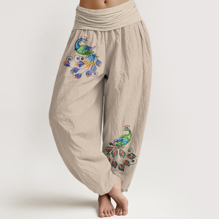 Buddha Stones Pantalones harem de algodón con estampado de pavo real colorido para mujer, cintura elástica. - Broncearse - US16，UK/AU20，EU48 (3XL) - image 11