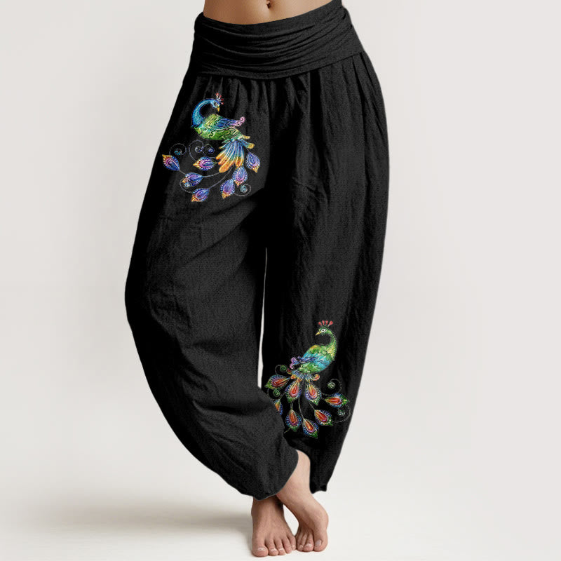 Buddha Stones Pantalones harem de algodón con estampado de pavo real colorido para mujer, cintura elástica. - Negro - US16，UK/AU20，EU48 (3XL) - image 0