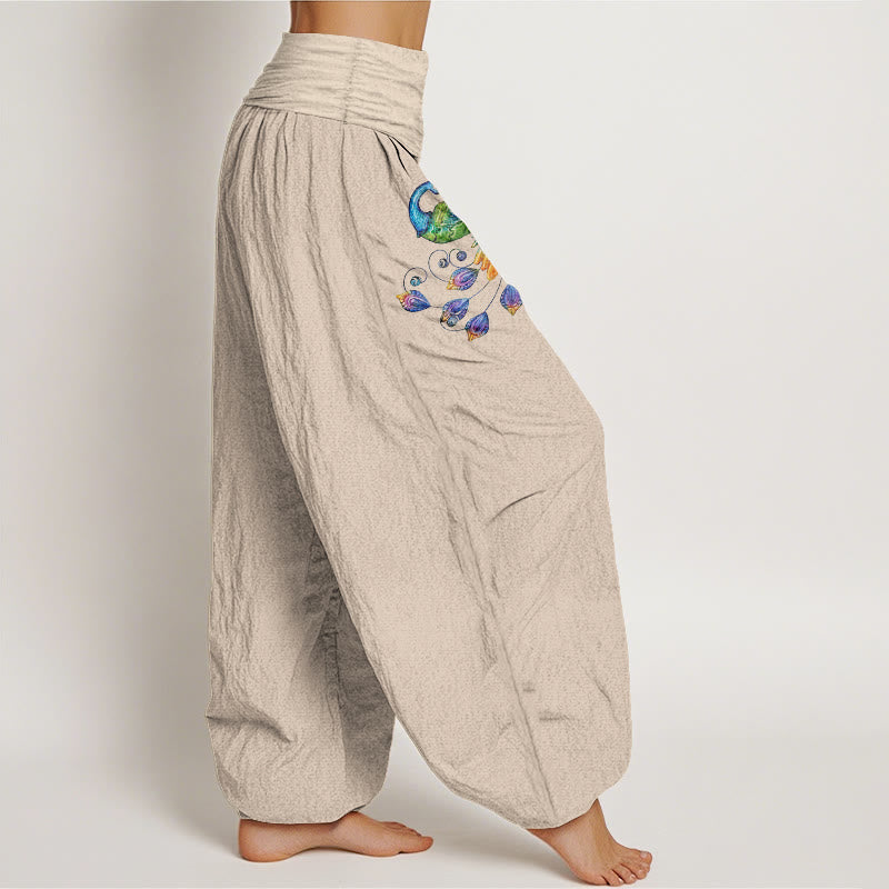Buddha Stones Pantalones harem de algodón con estampado de pavo real colorido para mujer, cintura elástica. - image 13