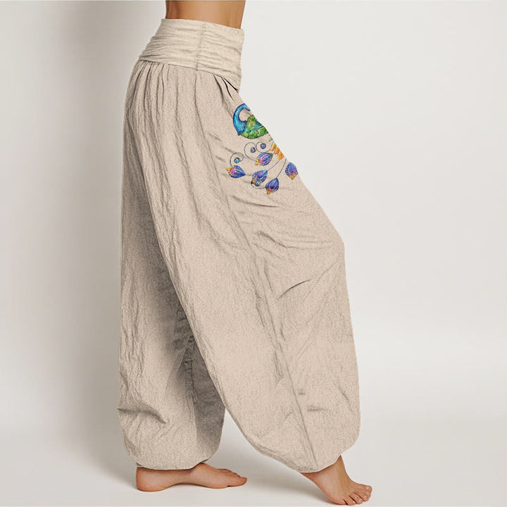 Buddha Stones Pantalones harem de algodón con estampado de pavo real colorido para mujer, cintura elástica. - image 13