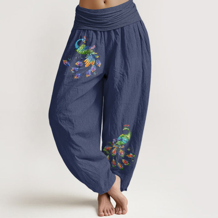 Buddha Stones Pantalones harem de algodón con estampado de pavo real colorido para mujer, cintura elástica. - Azul pizarra oscuro - US16，UK/AU20，EU48 (3XL) - image 5