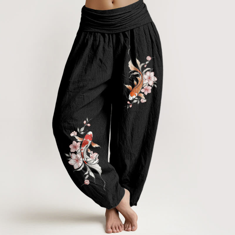 Buddha Stones Pantalones harem de algodón con estampado de peces koi y flores de durazno rosas para mujer con cintura elástica. - Negro - US16，UK/AU20，EU48 (3XL) - image 5