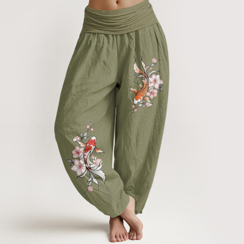 Buddha Stones Pantalones harem de algodón con estampado de peces koi y flores de durazno rosas para mujer con cintura elástica. - Verde oliva - US16，UK/AU20，EU48 (3XL) - image 14