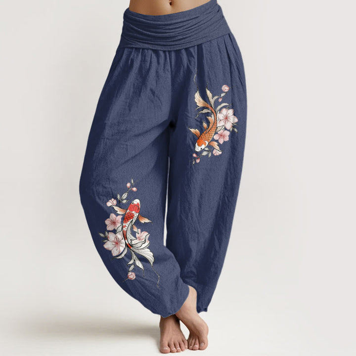 Buddha Stones Pantalones harem de algodón con estampado de peces koi y flores de durazno rosas para mujer con cintura elástica. - Azul pizarra oscuro - US16，UK/AU20，EU48 (3XL) - image 0