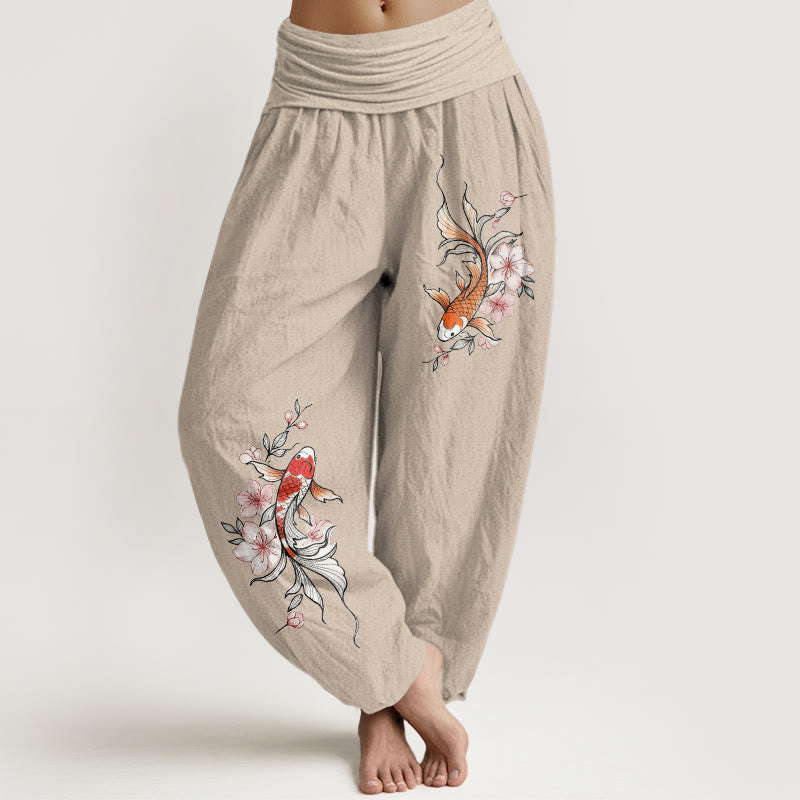 Buddha Stones Pantalones harem de algodón con estampado de peces koi y flores de durazno rosas para mujer con cintura elástica. - Broncearse - US16，UK/AU20，EU48 (3XL) - image 11