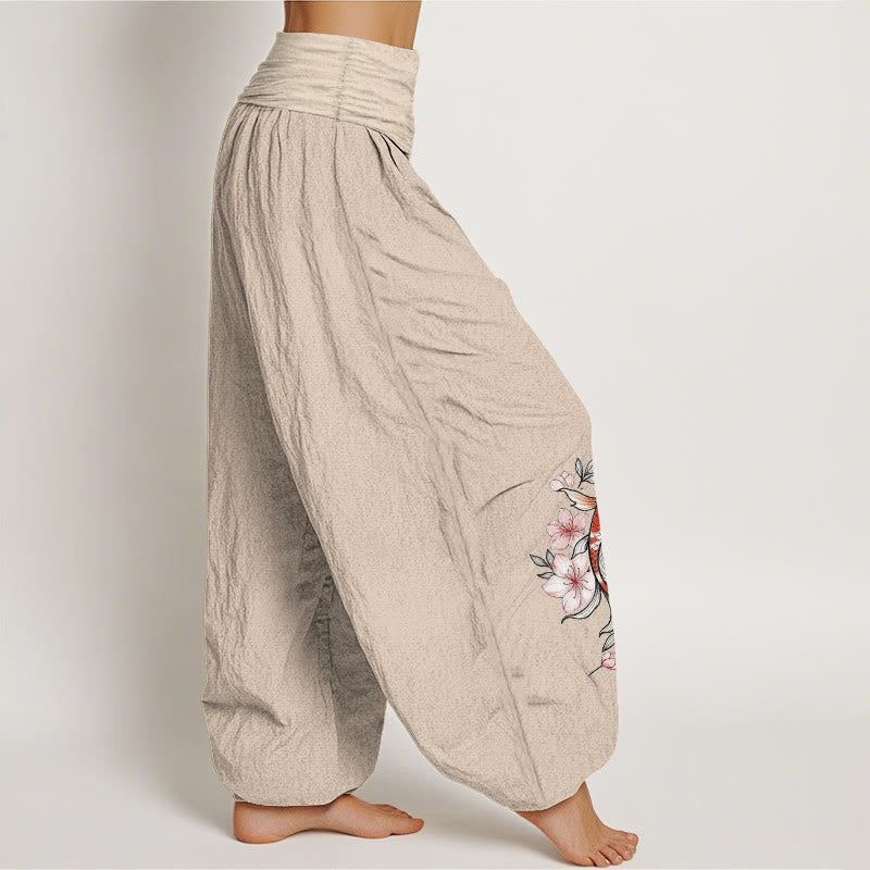 Buddha Stones Pantalones harem de algodón con estampado de peces koi y flores de durazno rosas para mujer con cintura elástica. - image 13