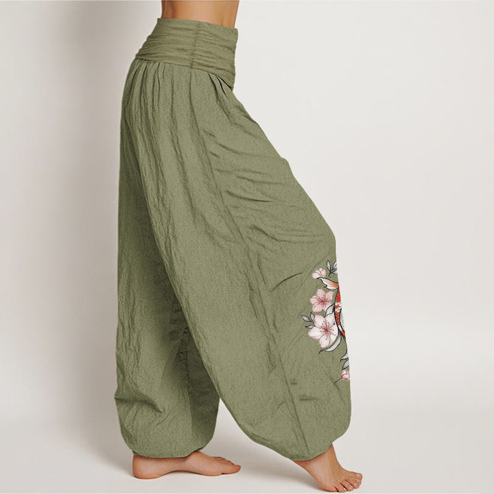 Buddha Stones Pantalones harem de algodón con estampado de peces koi y flores de durazno rosas para mujer con cintura elástica. - image 16