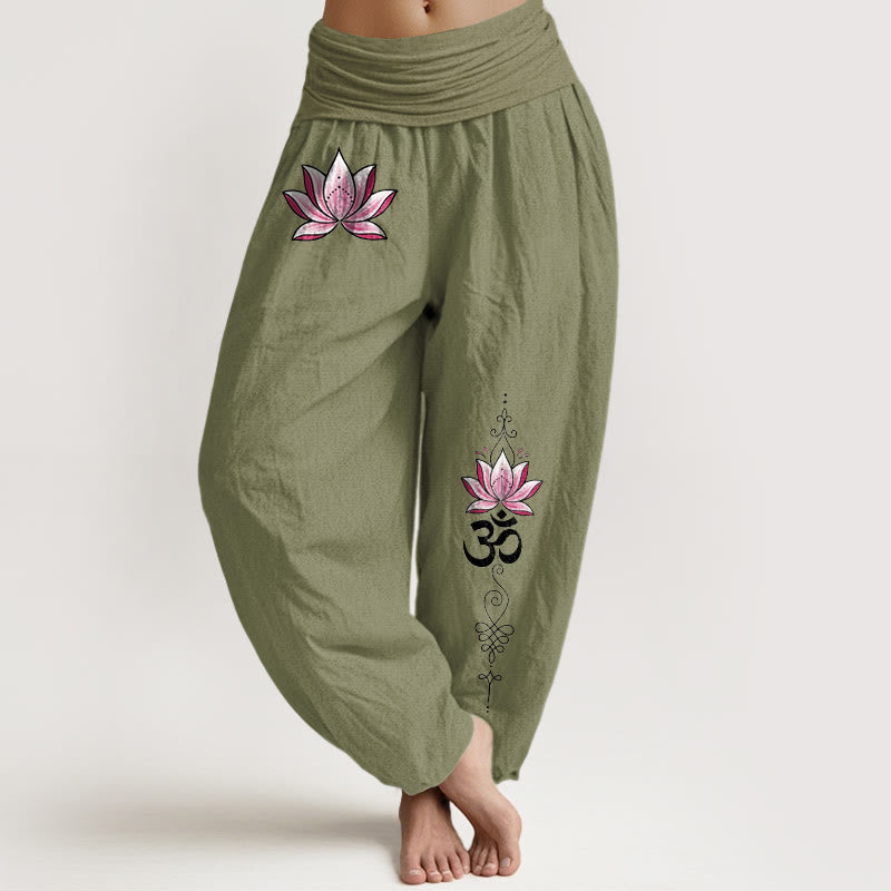 Buddha Stones Pantalones harem de algodón rosa con estampado de loto OM para mujer, con cintura elástica. - Verde oliva - US16，UK/AU20，EU48 (3XL) - image 14