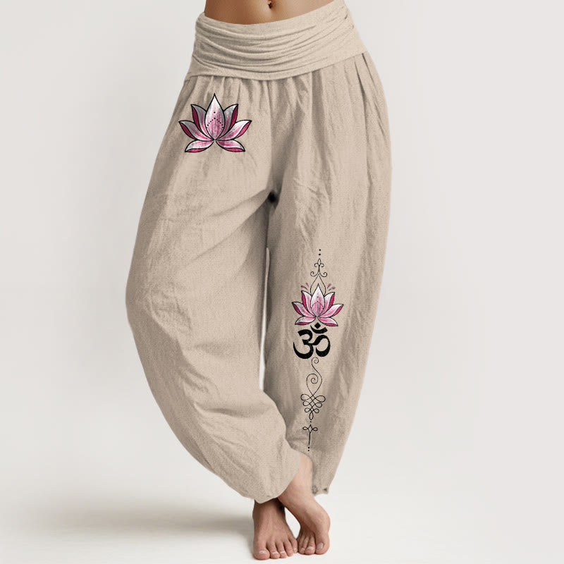Buddha Stones Pantalones harem de algodón rosa con estampado de loto OM para mujer, con cintura elástica. - Broncearse - US16，UK/AU20，EU48 (3XL) - image 0