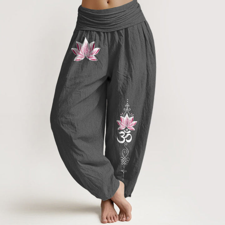 Buddha Stones Pantalones harem de algodón rosa con estampado de loto OM para mujer, con cintura elástica. - Gris oscuro - US16，UK/AU20，EU48 (3XL) - image 11