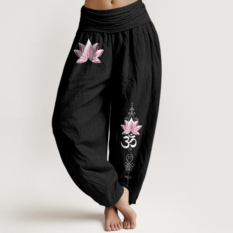 Buddha Stones Pantalones harem de algodón rosa con estampado de loto OM para mujer, con cintura elástica. - Negro - US16，UK/AU20，EU48 (3XL) - image 5