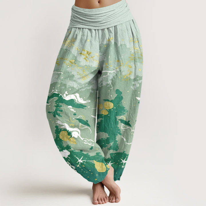 Buddha Stones Pantalones harem de mujer con cintura elástica y estampado de ondas de algodón y cielo. - Verde mar oscuro - US16，UK/AU20，EU48 (3XL) - image 5