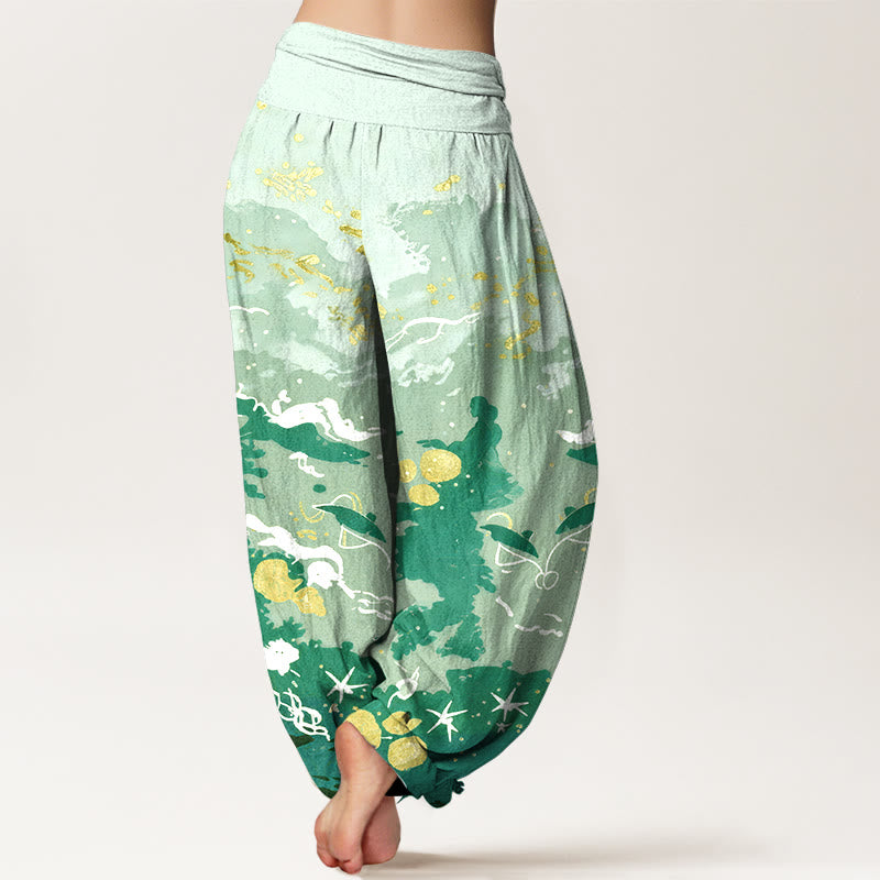 Buddha Stones Pantalones harem de mujer con cintura elástica y estampado de ondas de algodón y cielo. - image 6