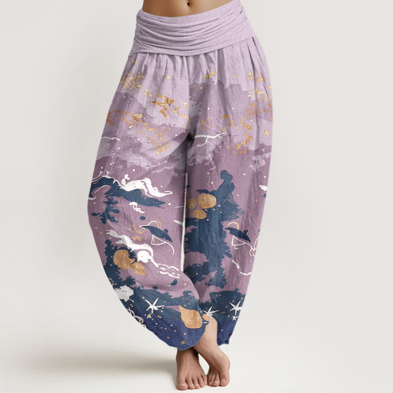 Buddha Stones Pantalones harem de mujer con cintura elástica y estampado de ondas de algodón y cielo. - Lavanda - US16，UK/AU20，EU48 (3XL) - image 8
