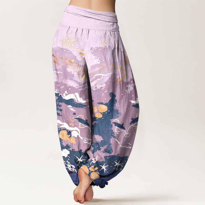Buddha Stones Pantalones harem de mujer con cintura elástica y estampado de ondas de algodón y cielo. - image 9