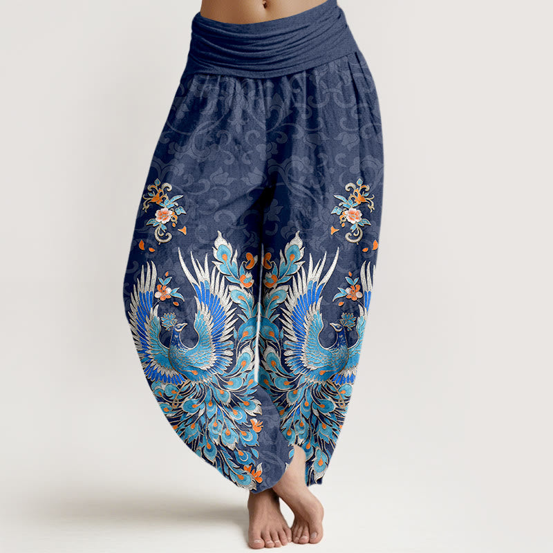 Buddha Stones Pantalones harem de mujer con cintura elástica y estampado de flores de durazno de Cotton Phoenix - Azul acero - US16，UK/AU20，EU48 (3XL) - image 0