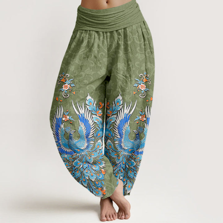 Buddha Stones Pantalones harem de mujer con cintura elástica y estampado de flores de durazno de Cotton Phoenix - Verde oliva - US16，UK/AU20，EU48 (3XL) - image 8