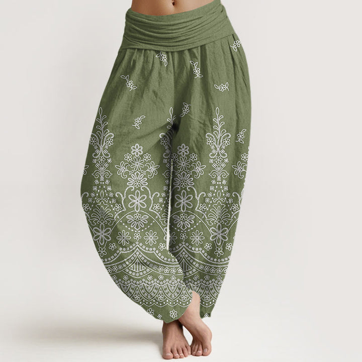 Buddha Stones Pantalones harem de algodón con estampado de mandala y flores blancas para mujer con cintura elástica. - Verde oliva - US16，UK/AU20，EU48 (3XL) - image 0