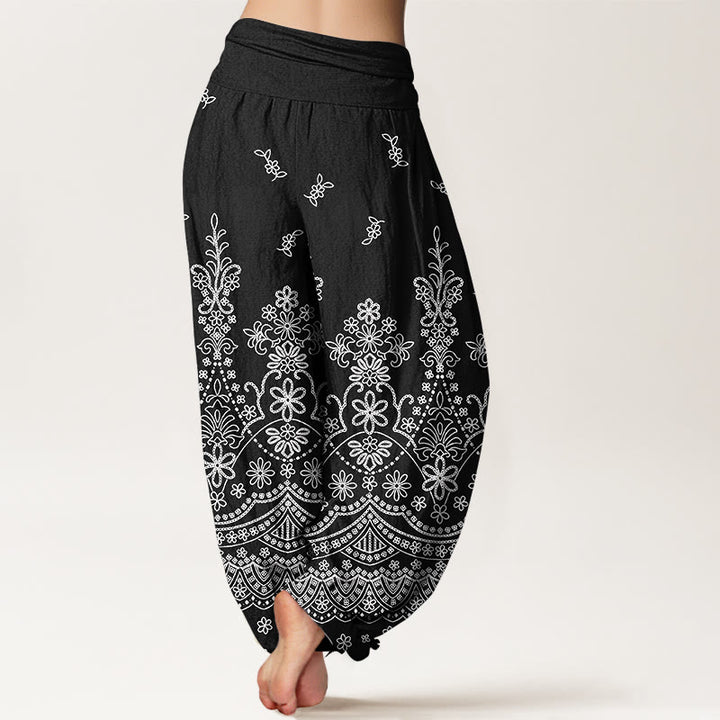 Buddha Stones Pantalones harem de algodón con estampado de mandala y flores blancas para mujer con cintura elástica. - image 6