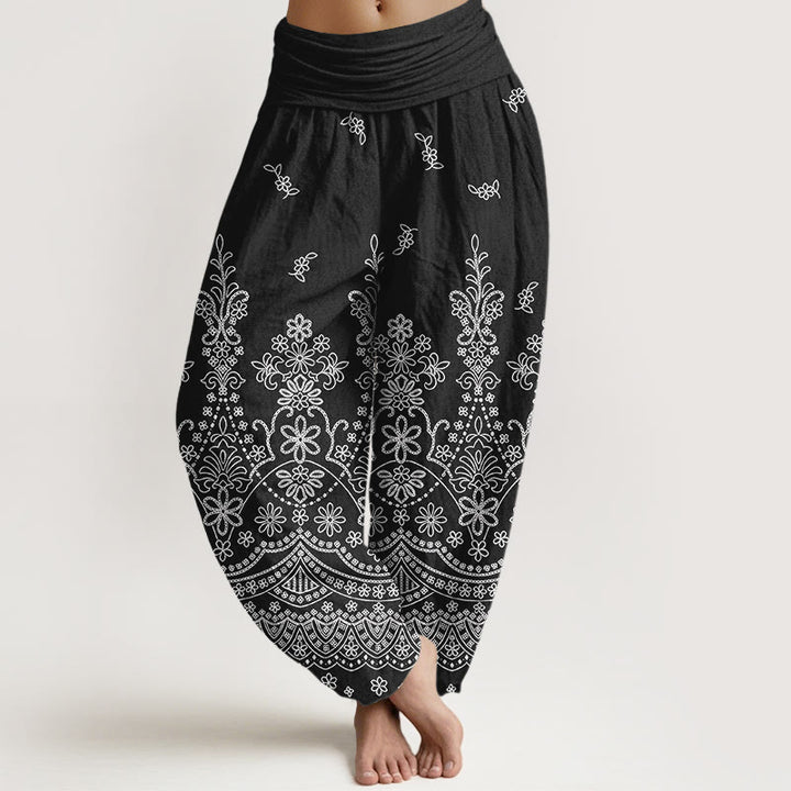 Buddha Stones Pantalones harem de algodón con estampado de mandala y flores blancas para mujer con cintura elástica. - Negro - US16，UK/AU20，EU48 (3XL) - image 5