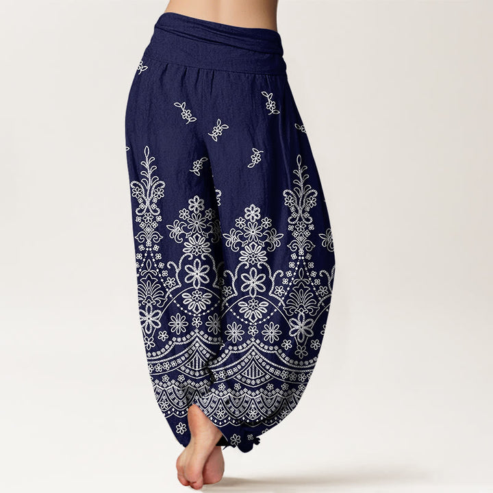 Buddha Stones Pantalones harem de algodón con estampado de mandala y flores blancas para mujer con cintura elástica. - image 9