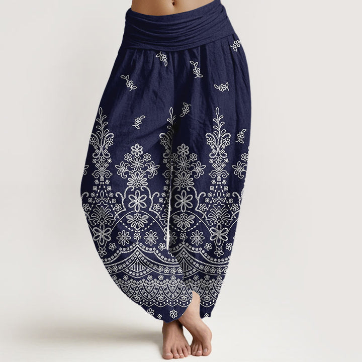 Buddha Stones Pantalones harem de algodón con estampado de mandala y flores blancas para mujer con cintura elástica. - Azul oscuro - US16，UK/AU20，EU48 (3XL) - image 8