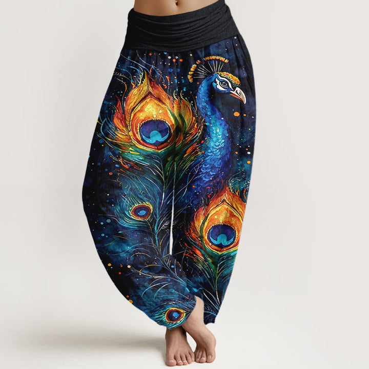 Buddha Stones Pantalones harem de algodón con estampado de pavo real y cielo estrellado para mujer, con cintura elástica. - Azul oscuro - US16，UK/AU20，EU48 (3XL) - image 0