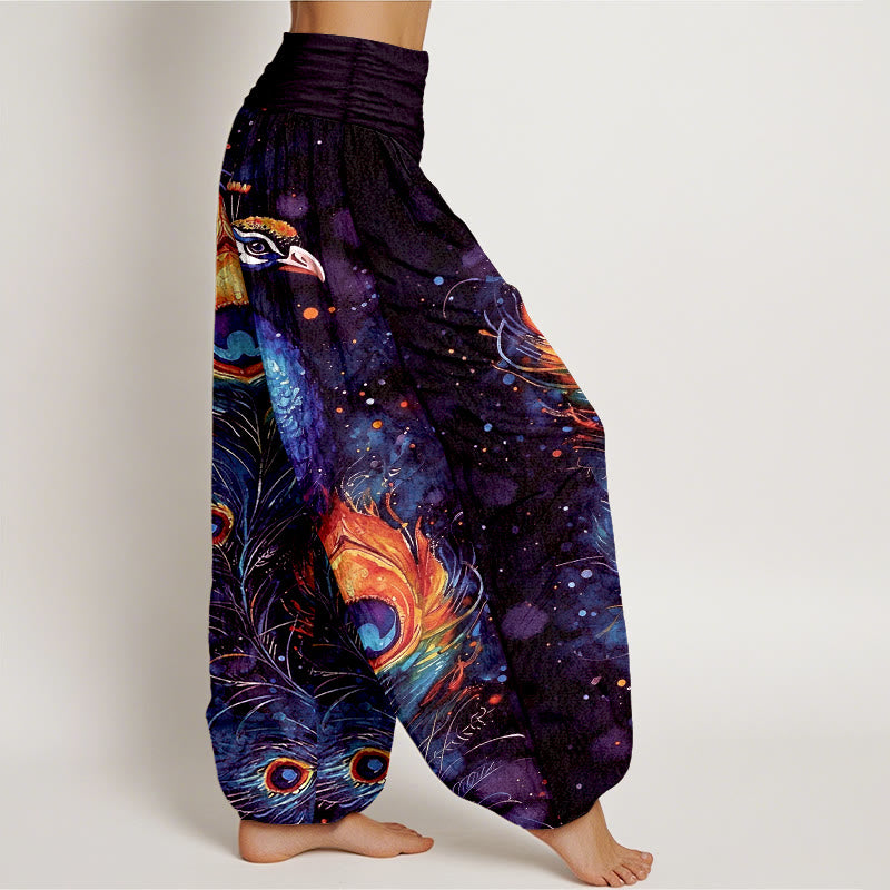 Buddha Stones Pantalones harem de algodón con estampado de pavo real y cielo estrellado para mujer, con cintura elástica. - image 7