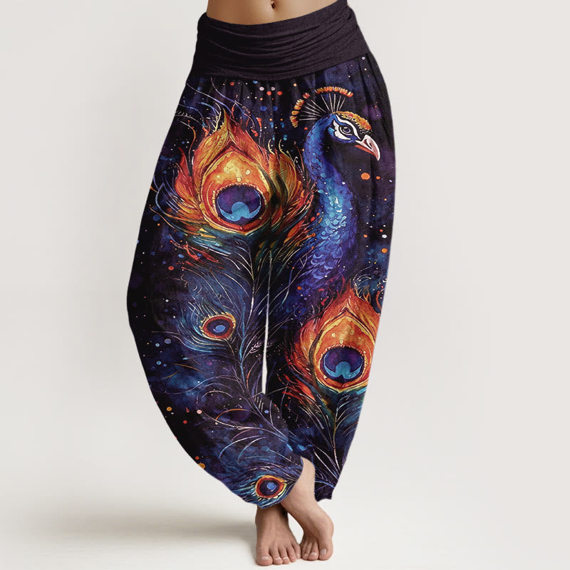 Buddha Stones Pantalones harem de algodón con estampado de pavo real y cielo estrellado para mujer, con cintura elástica. - Índigo - US16，UK/AU20，EU48 (3XL) - image 5