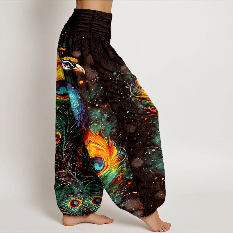 Buddha Stones Pantalones harem de algodón con estampado de pavo real y cielo estrellado para mujer, con cintura elástica. - image 10