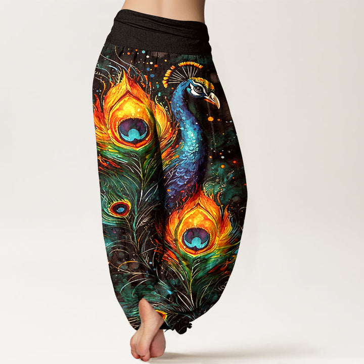 Buddha Stones Pantalones harem de algodón con estampado de pavo real y cielo estrellado para mujer, con cintura elástica. - image 9