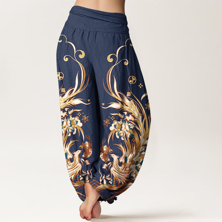 Buddha Stones Pantalones harem de mujer con cintura elástica y estampado de mariposas y fénix de algodón. - image 1