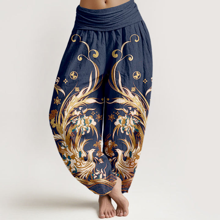 Buddha Stones Pantalones harem de mujer con cintura elástica y estampado de mariposas y fénix de algodón. - Azul oscuro - US16，UK/AU20，EU48 (3XL) - image 0