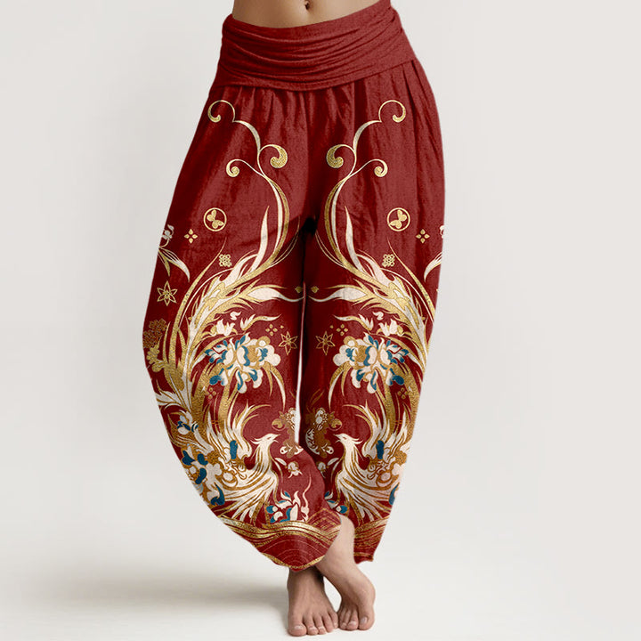 Buddha Stones Pantalones harem de mujer con cintura elástica y estampado de mariposas y fénix de algodón. - Ladrillo refractario - US16，UK/AU20，EU48 (3XL) - image 5