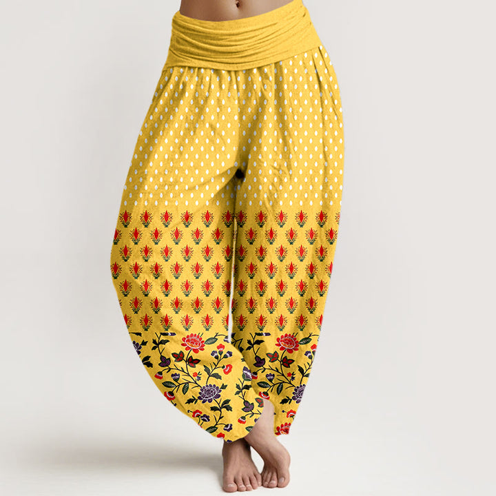 Buddha Stones Pantalones harem de mujer con cintura elástica y estampado de flores rojas y moradas con lunares de algodón. - Oro - US16，UK/AU20，EU48 (3XL) - image 0