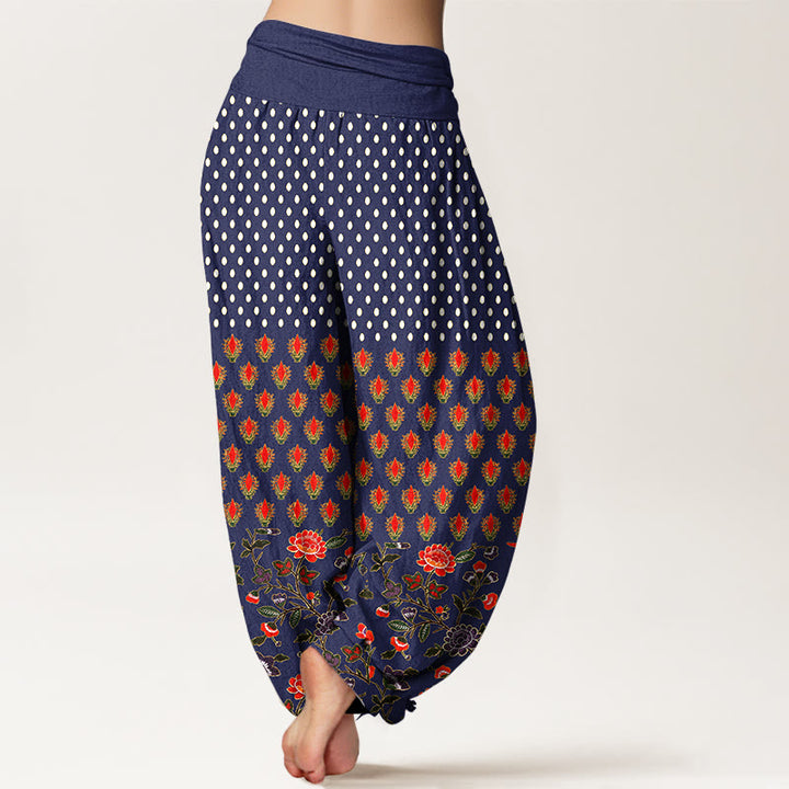 Buddha Stones Pantalones harem de mujer con cintura elástica y estampado de flores rojas y moradas con lunares de algodón. - image 6