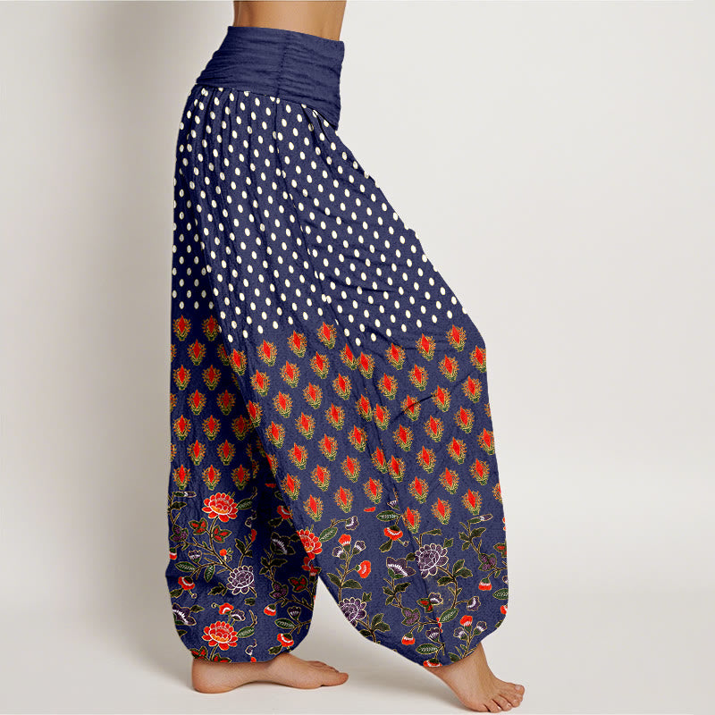Buddha Stones Pantalones harem de mujer con cintura elástica y estampado de flores rojas y moradas con lunares de algodón. - image 7