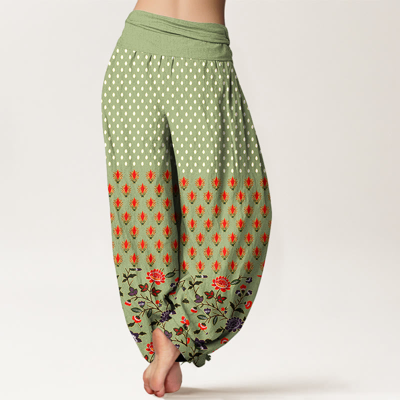 Buddha Stones Pantalones harem de mujer con cintura elástica y estampado de flores rojas y moradas con lunares de algodón. - image 9