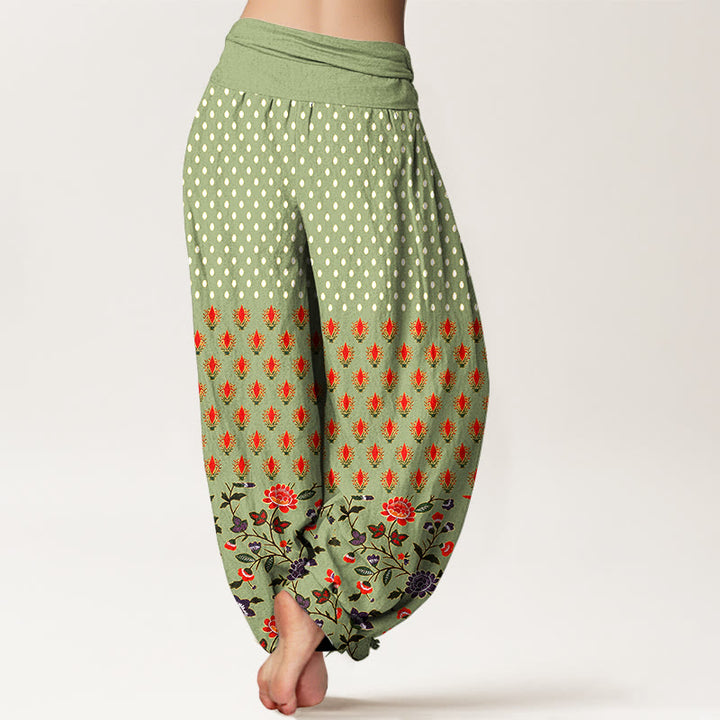 Buddha Stones Pantalones harem de mujer con cintura elástica y estampado de flores rojas y moradas con lunares de algodón. - image 9