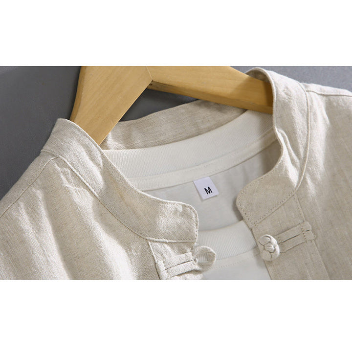 Camisa de hombre estilo Tang vintage lisa con estampado de Buddha Stones y botones de rana, con bolsillos. - image 4