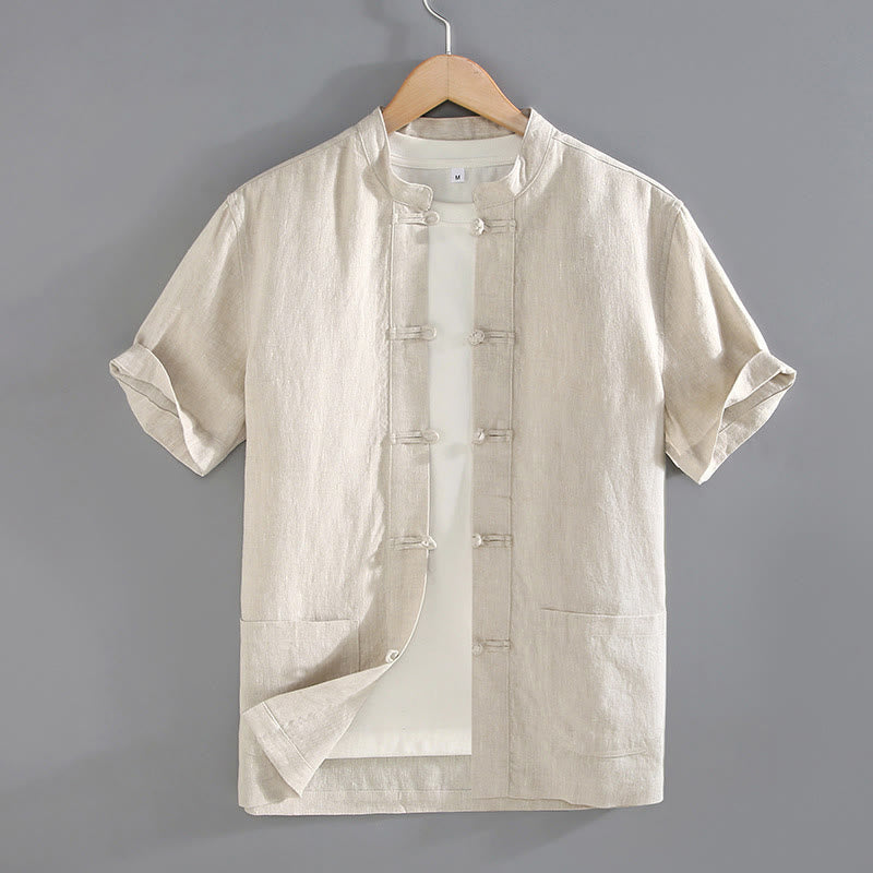 Camisa de hombre estilo Tang vintage lisa con estampado de Buddha Stones y botones de rana, con bolsillos. - Beige - US/UK/AU46, EU56 (5XL) - image 0