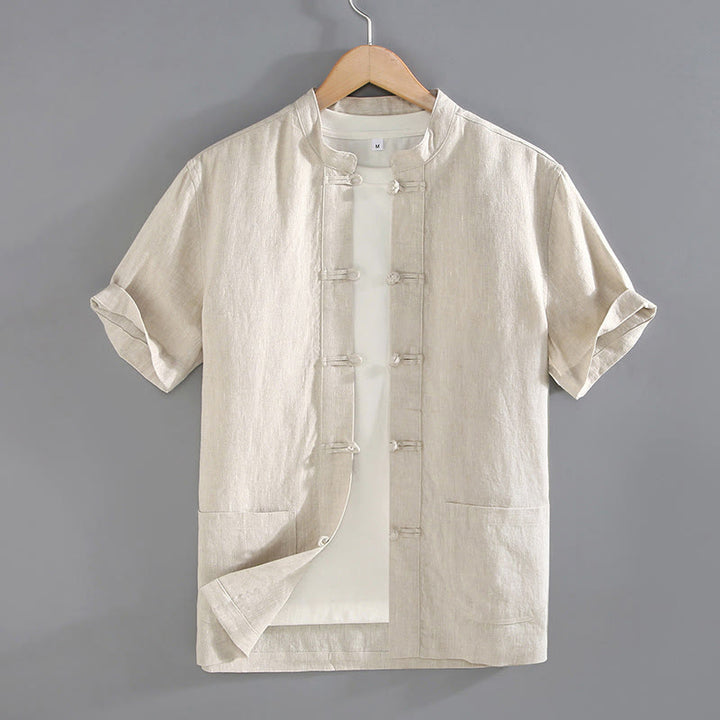 Camisa de hombre estilo Tang vintage lisa con estampado de Buddha Stones y botones de rana, con bolsillos. - Beige - US/UK/AU46, EU56 (5XL) - image 0