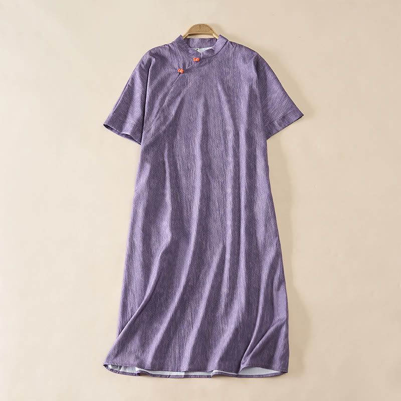 Buddha Stones Vestido de verano liso de manga corta y cuello redondo por debajo de la rodilla - Morado medio - US14，UK/AU18，EU46 (2XL) - image 0