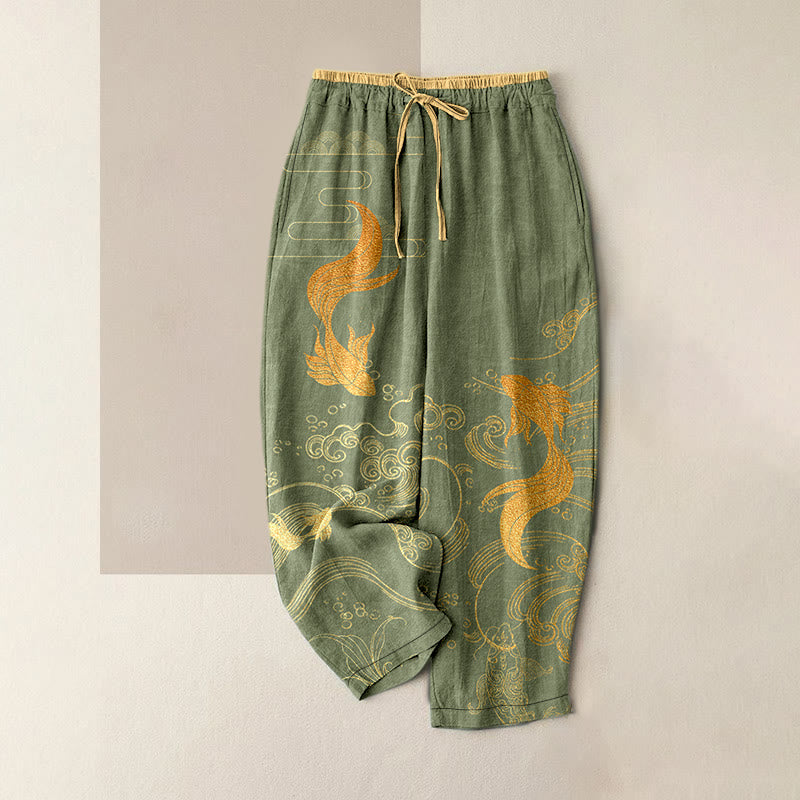 Buddha Stones Pantalones de mujer de algodón puro con estampado de olas y peces koi, cintura elástica y bolsillos. - Verde oliva - US16，UK/AU20，EU48 (3XL) - image 1