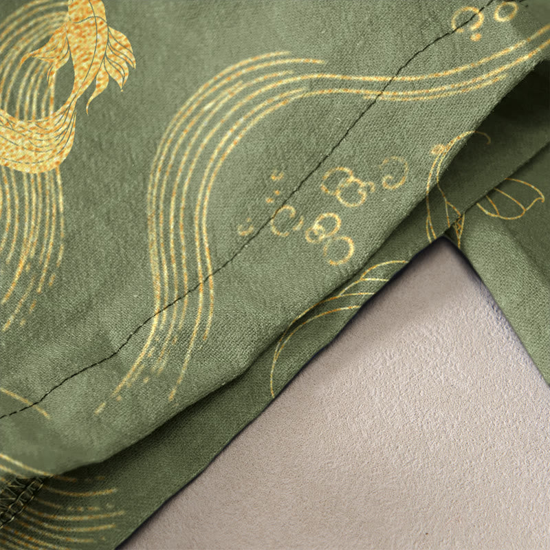 Buddha Stones Pantalones de mujer de algodón puro con estampado de olas y peces koi, cintura elástica y bolsillos. - image 4