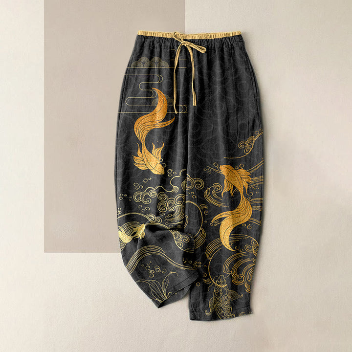 Buddha Stones Pantalones de mujer de algodón puro con estampado de olas y peces koi, cintura elástica y bolsillos. - Negro - US16，UK/AU20，EU48 (3XL) - image 5