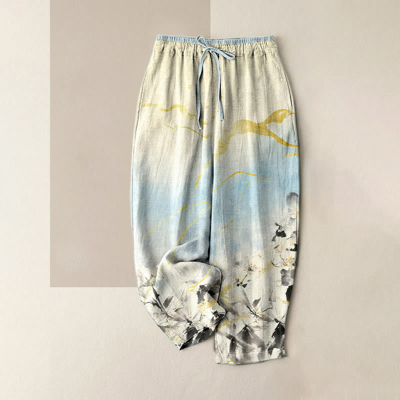 Buddha Stones Pantalones de mujer de algodón puro con estampado floral de líneas doradas, cintura elástica y bolsillos. - Celeste - US16，UK/AU20，EU48 (3XL) - image 0