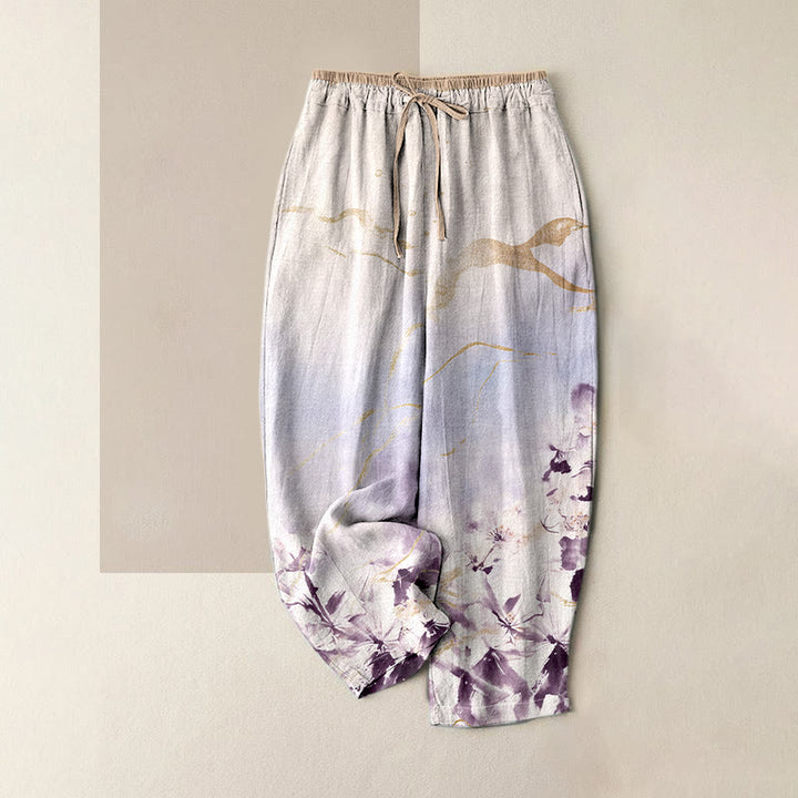 Buddha Stones Pantalones de mujer de algodón puro con estampado floral de líneas doradas, cintura elástica y bolsillos. - Morado medio - US16，UK/AU20，EU48 (3XL) - image 4