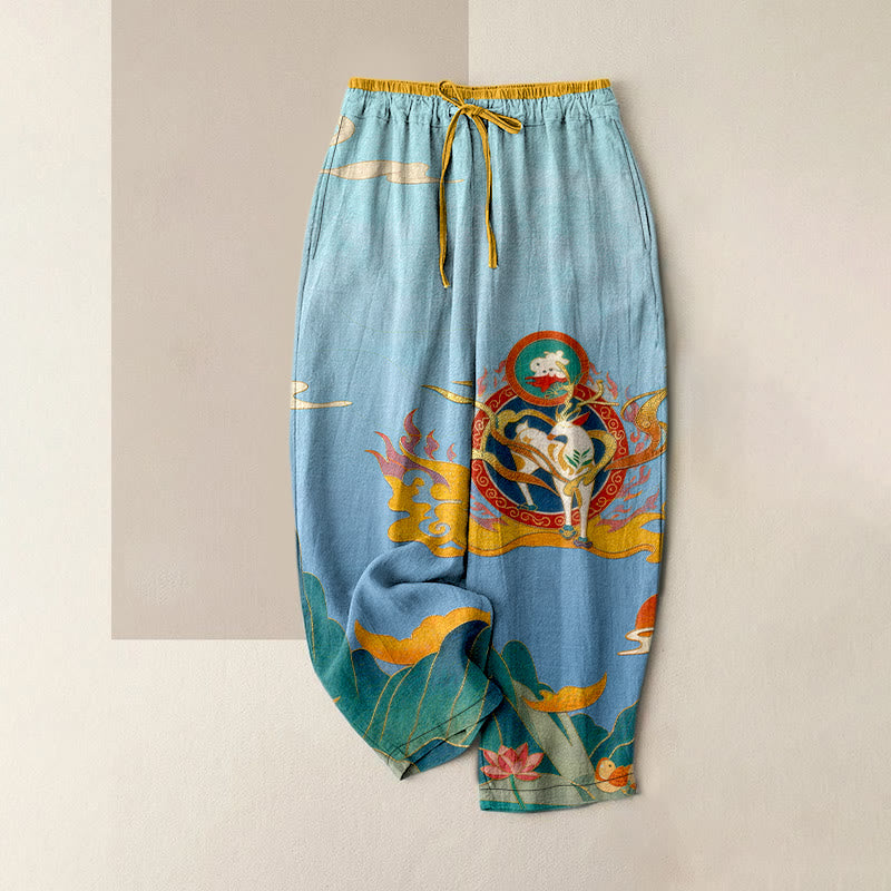 Buddha Stones Pantalones de mujer de algodón puro con estampado de ciervos, montaña y loto, cintura elástica y bolsillos. - Celeste - US16，UK/AU20，EU48 (3XL) - image 3