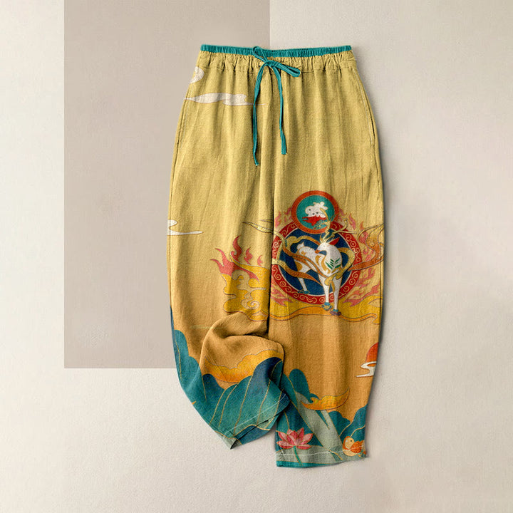 Buddha Stones Pantalones de mujer de algodón puro con estampado de ciervos, montaña y loto, cintura elástica y bolsillos. - Caqui - US16，UK/AU20，EU48 (3XL) - image 4